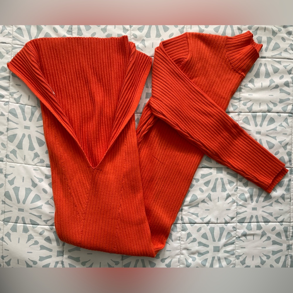 H&M Orange Ribbed Knit Long Dress With Slit - Size M